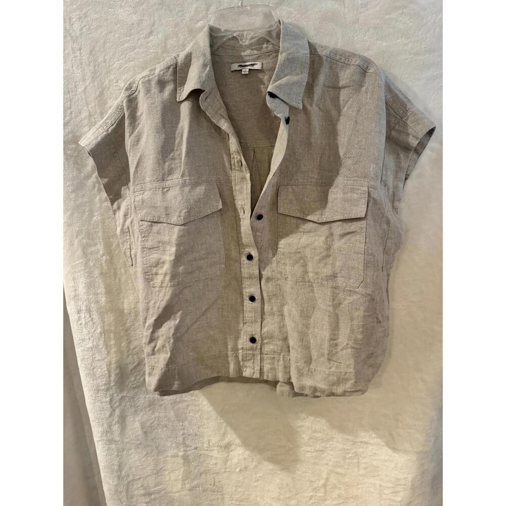 Madewell Women's Shirt Button Up Cap Sleeve Casual Top 100% Linen Size Large